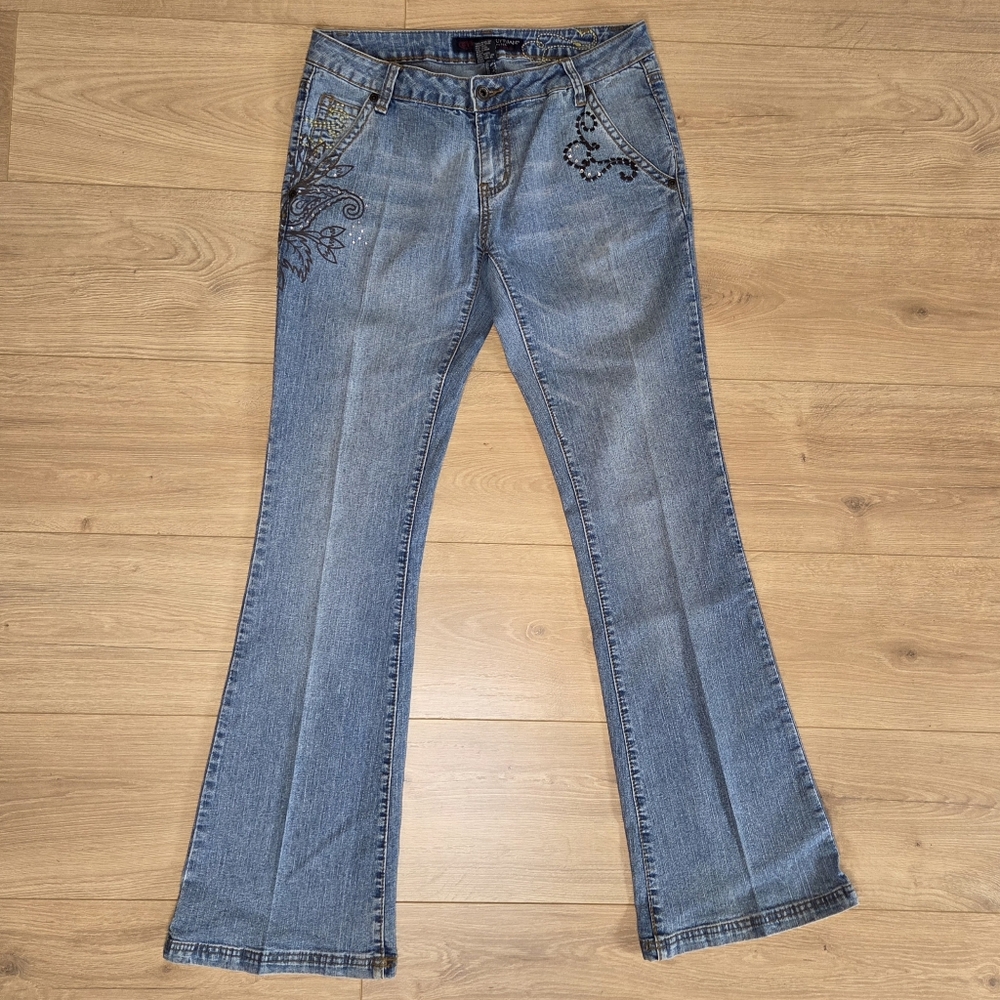 Y2K Rhinestone Embellished Bootcut Jeans Low Rise Stretch Denim Floral 2000s 29